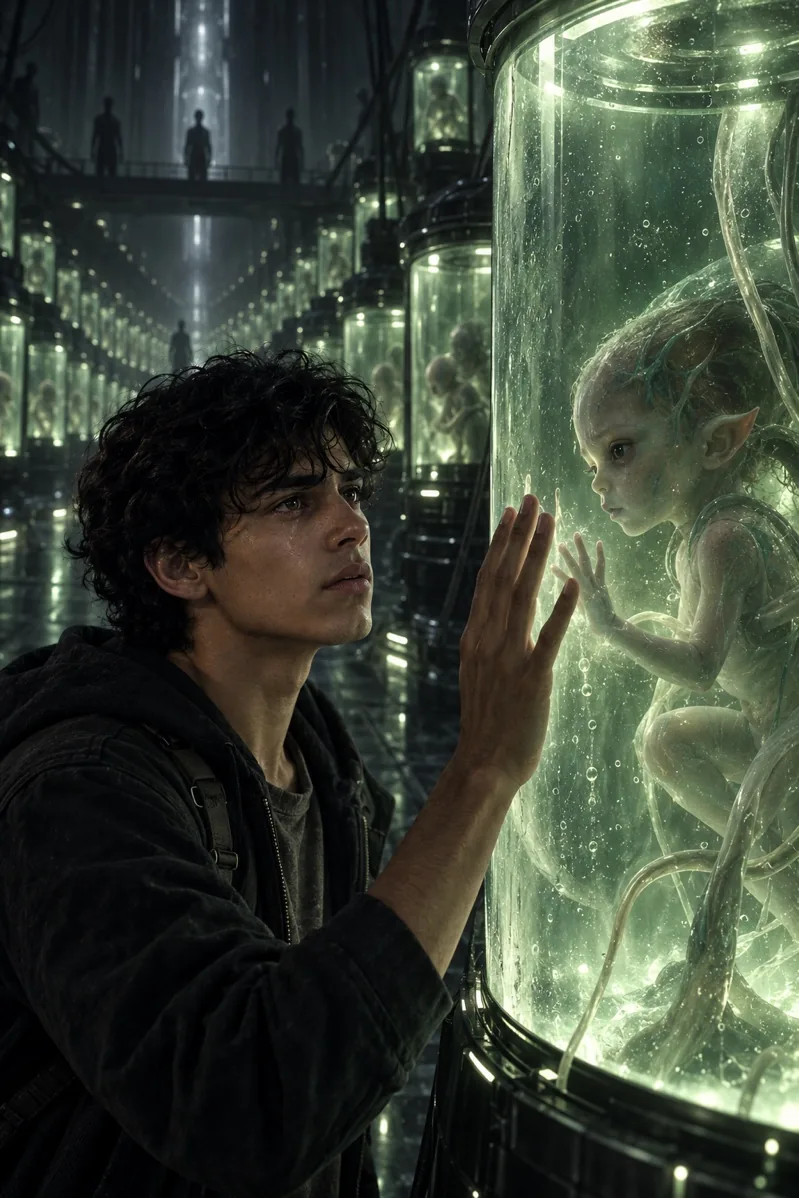 Un joven observa a un ser en una cápsula de cristal