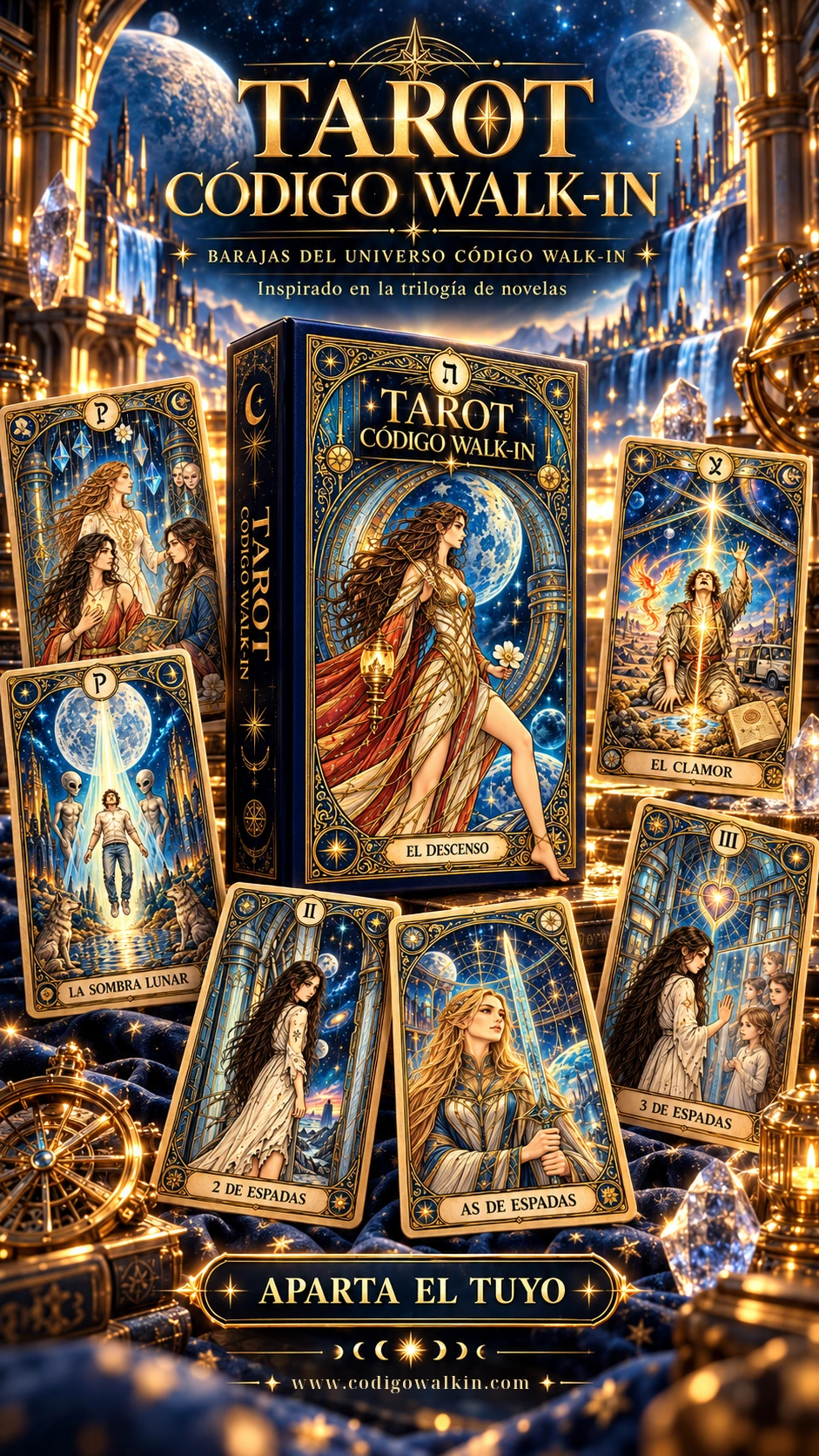 Presentación del Tarot CÓDIGO WALK-IN: caja y cartas inspiradas en la trilogía de novelas. Aparta el tuyo.